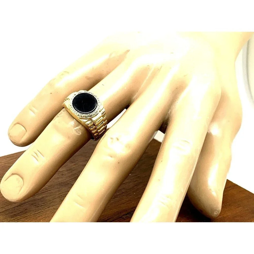 Rolex Style Ring 10k Yellow Gold Diamond Onyx Statement Cocktail Men's S…